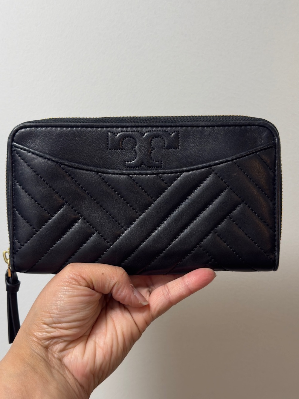 Tory Burch Black Quilted Zip Wallet with Tassel